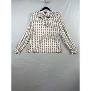 Ann Taylor Chain Link Blouse Womens Small White Gold Tie Neck Long Sleeve Career